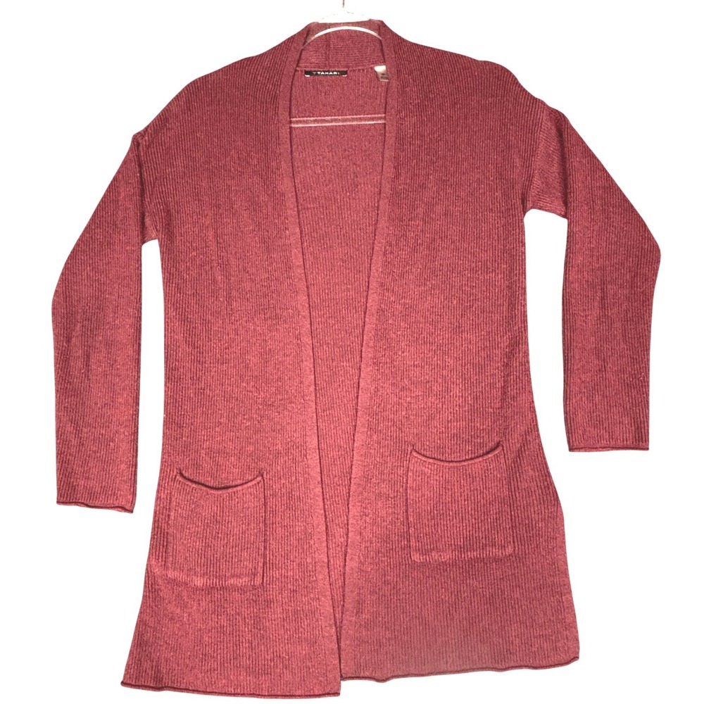 T Tahari Womens‎ Ribbed Open Front Cardigan Burgundy Cashmere Blend XS Longline